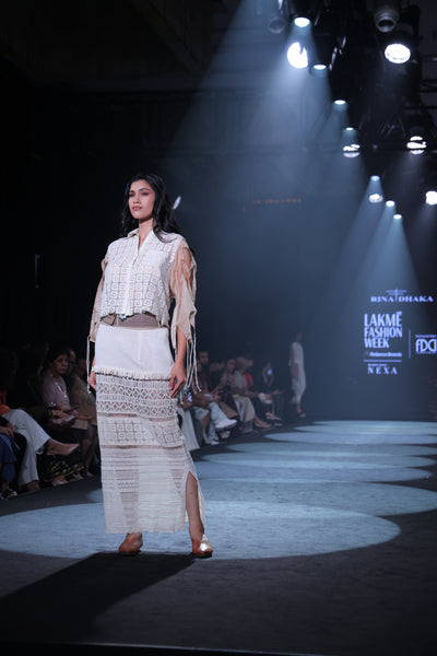 Cotton Lace Crochet Patchwork Maxi Skirt & Cutwork Blouse Set