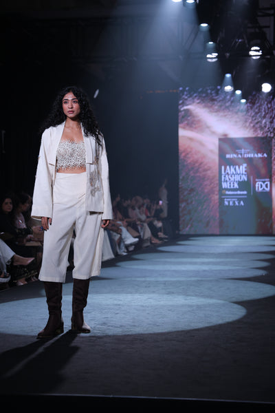 Artisanal Hand-Embroidered Open Kimono Jacket & Cream Handloom Trousers Set