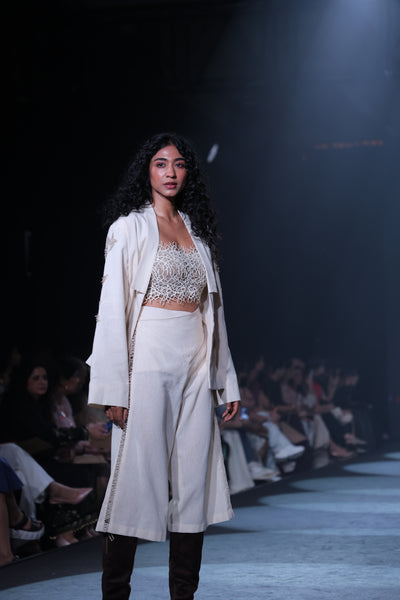 Artisanal Hand-Embroidered Open Kimono Jacket & Cream Handloom Trousers Set