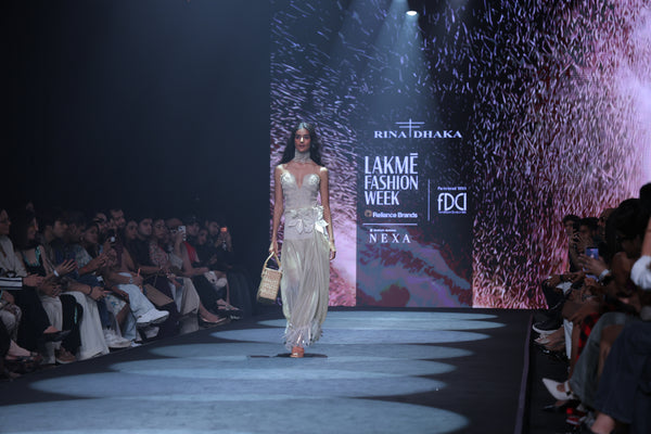 Artisan Corded Bustier & Plissé Maxi Skirt Set with Hand-Embroidered Sequins