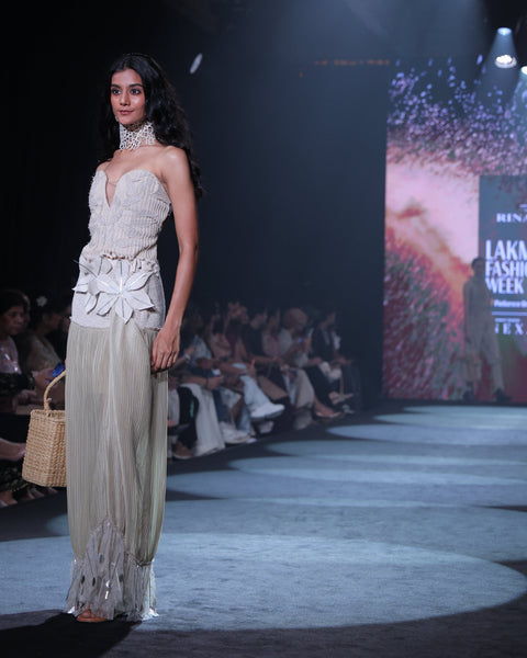 Artisan Corded Bustier & Plissé Maxi Skirt Set with Hand-Embroidered Sequins