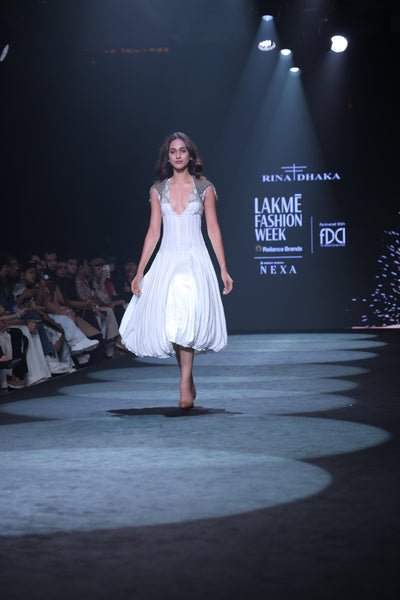 Hand-Embroidered Cotton Crepe Maxi Dress with Silver Fine Beadwork