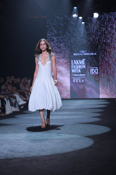 Hand-Embroidered Cotton Crepe Maxi Dress with Silver Fine Beadwork