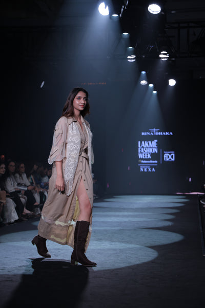 Khaki Poplin Shirt Dress with Sheer Appliqué and 3D Taj Bootie Embroidery