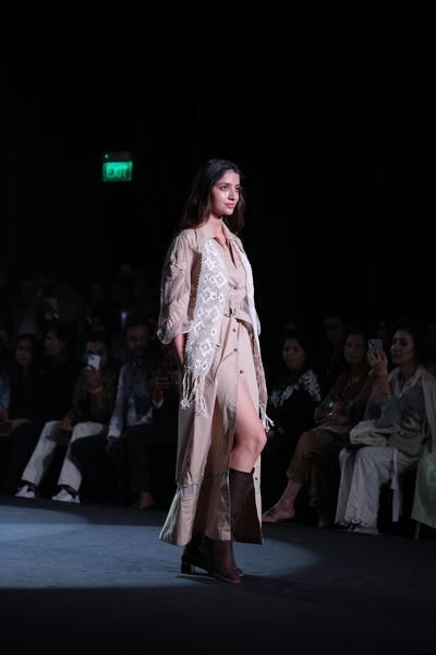 Khaki Poplin Shirt Dress with Sheer Appliqué and 3D Taj Bootie Embroidery