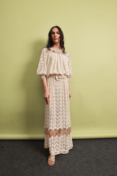 Lace Net Maxi Dress with Cotton Thread Embroidery