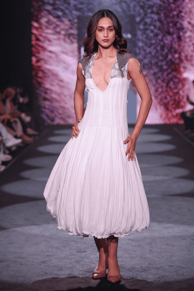 Hand-Embroidered Cotton Crepe Maxi Dress with Silver Fine Beadwork