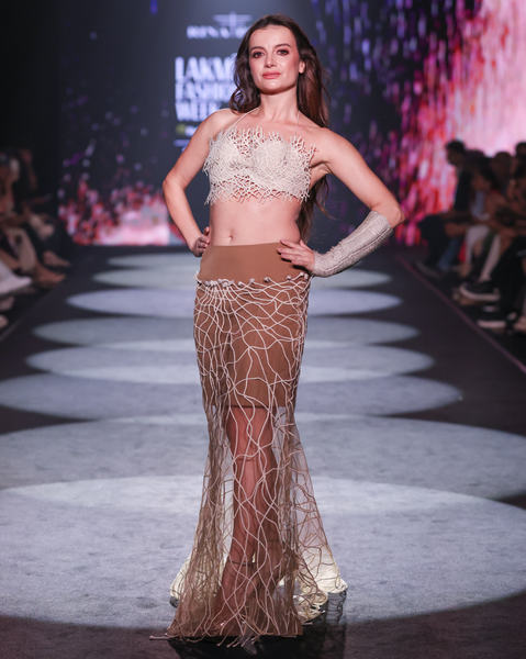 Lattice Cotton Jaali Bra Top &amp; Tulle Cord Appliqué Maxi Skirt Set