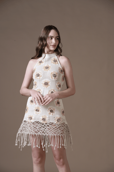 Cotton Woven Lace Mini Dress with All-Over Handwork and Dori Jaal Hem
