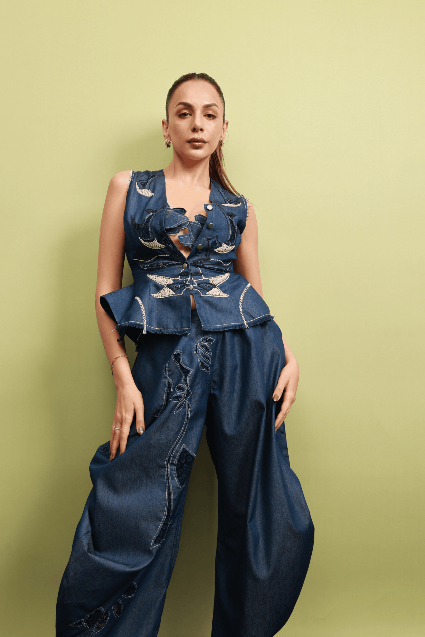 Artisanal Denim Balloon Pants, Bralette & Cutwork Waistcoat Set