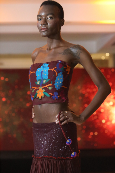 Maroon Paithani Bird Bustier & Crinkled Skirt Set