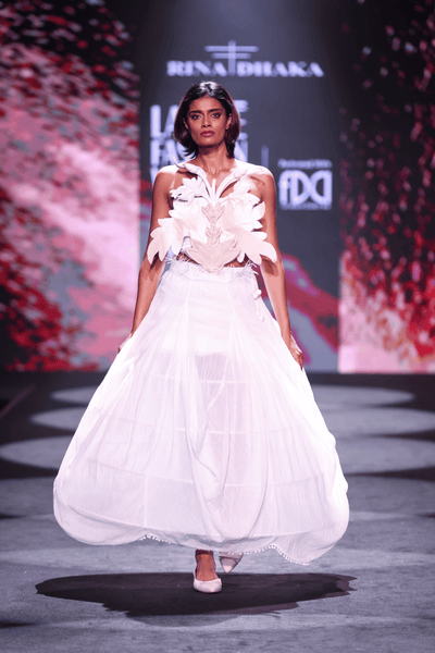 Artisanal Carved Wood Bustier & Dhoti Cowl Cotton Crepe Skirt Set