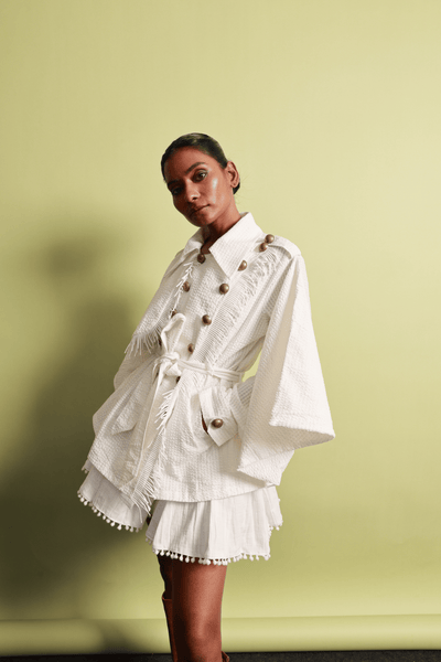 Seersucker Double-Breasted Jacket & Pompom Edge Mini Skirt Set