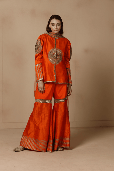 Sunset Orange Raw Silk Sharara Set
