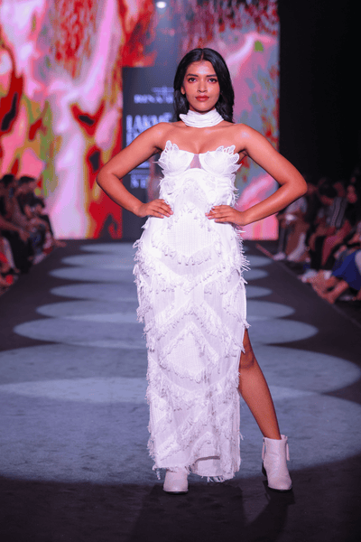 Handloom Cotton Woven Fringe Maxi Dress with Leaf Lace Bralette