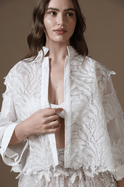 Sequin Embroidered Maxi Skirt, Satin Bra & Seersucker Cutwork Jacket Set