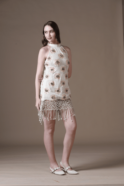 Cotton Woven Lace Mini Dress with All-Over Handwork and Dori Jaal Hem