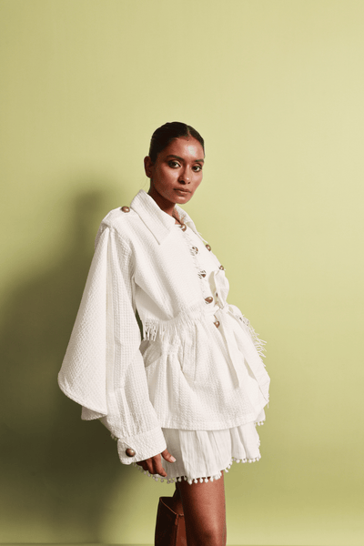 Seersucker Double-Breasted Jacket & Pompom Edge Mini Skirt Set