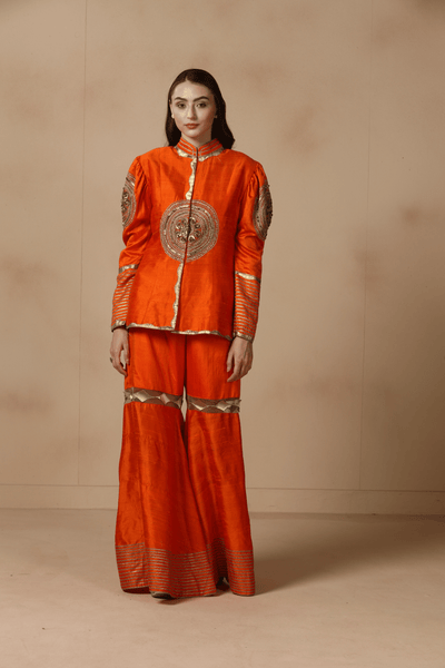 Sunset Orange Raw Silk Sharara Set