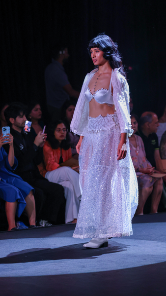 Sequin Embroidered Maxi Skirt, Satin Bra & Seersucker Cutwork Jacket Set