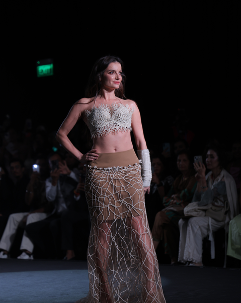 Lattice Cotton Jaali Bra Top &amp; Tulle Cord Appliqué Maxi Skirt Set