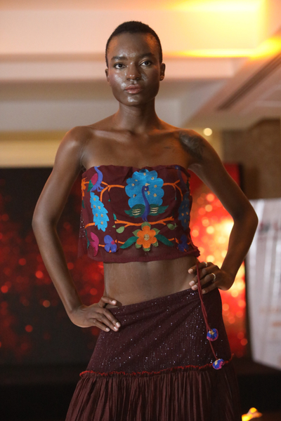 Maroon Paithani Bird Bustier & Crinkled Skirt Set