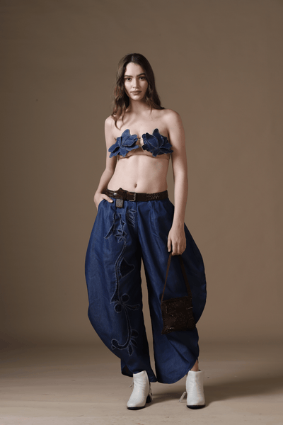 Artisanal Denim Balloon Pants, Bralette & Cutwork Waistcoat Set
