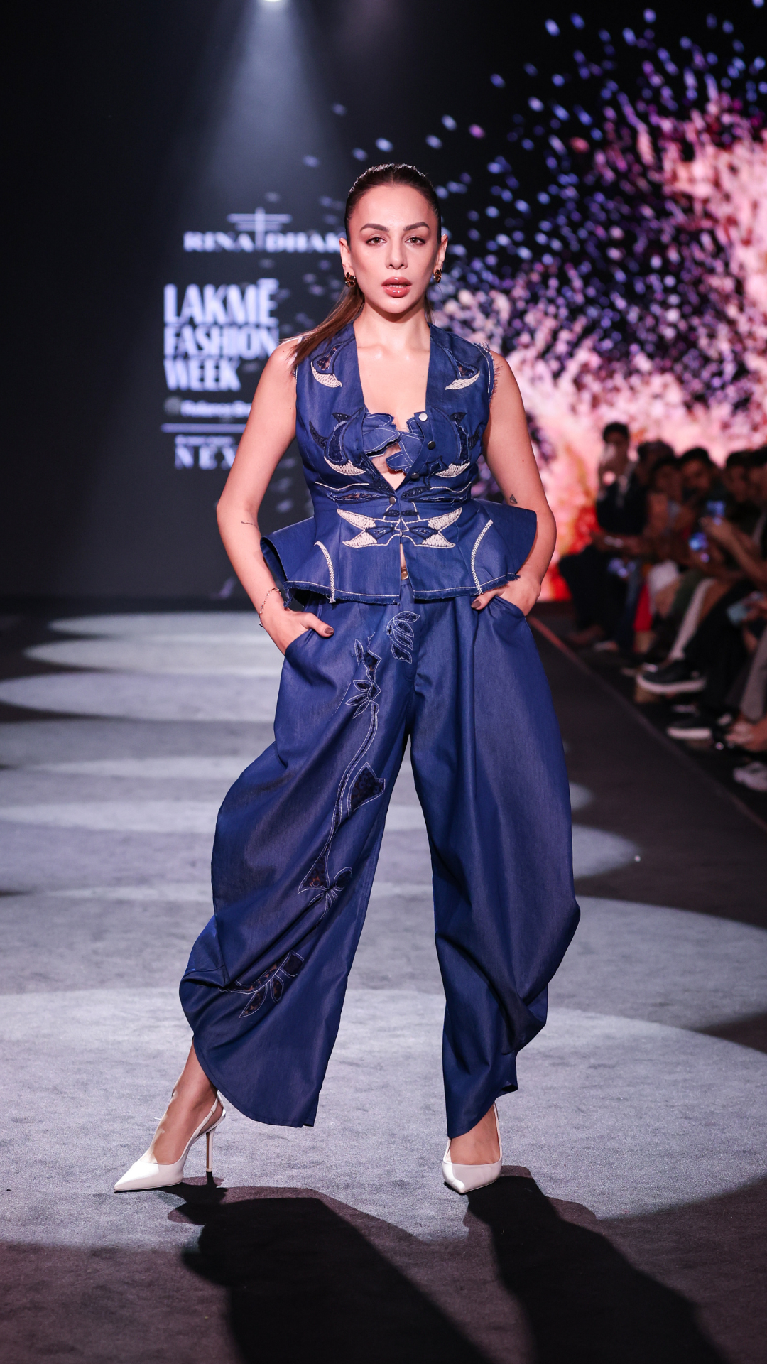 Artisanal Denim Balloon Pants, Bralette & Cutwork Waistcoat Set