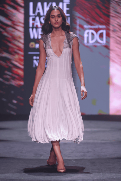 Hand-Embroidered Cotton Crepe Maxi Dress with Silver Fine Beadwork