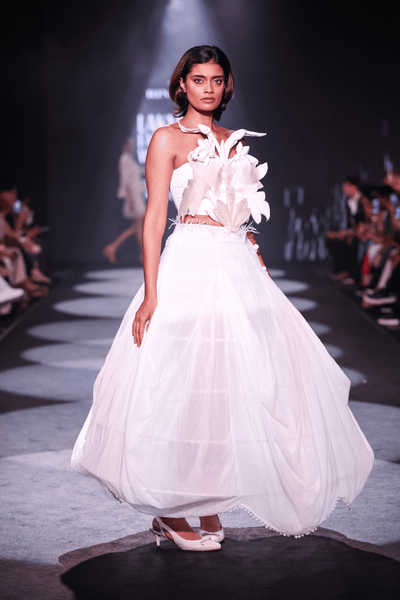 Artisanal Carved Wood Bustier & Dhoti Cowl Cotton Crepe Skirt Set