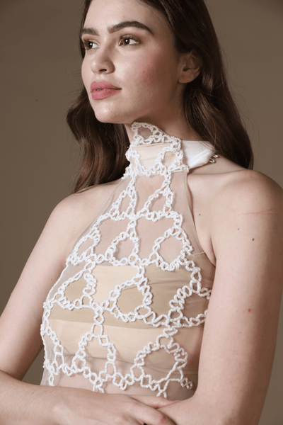 Sheer Halter Dress with All-Over Taj Jaali Design Embroidery