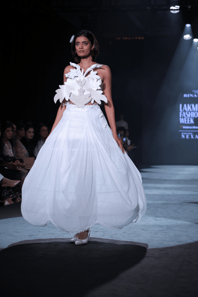 Artisanal Carved Wood Bustier & Dhoti Cowl Cotton Crepe Skirt Set