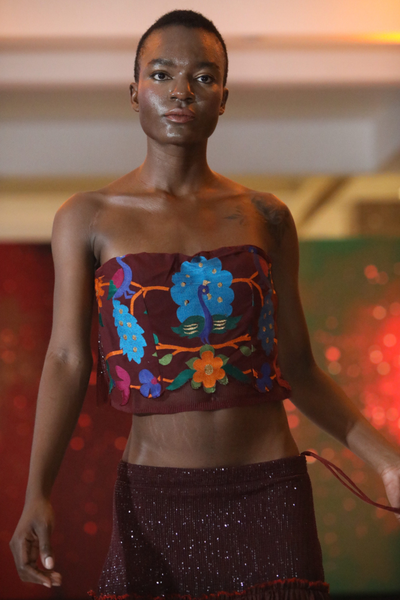 Maroon Paithani Bird Bustier & Crinkled Skirt Set