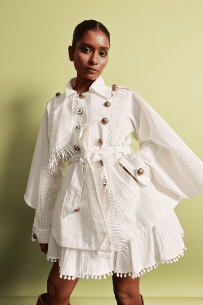 Seersucker Double-Breasted Jacket & Pompom Edge Mini Skirt Set