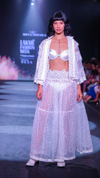 Sequin Embroidered Maxi Skirt, Satin Bra & Seersucker Cutwork Jacket Set