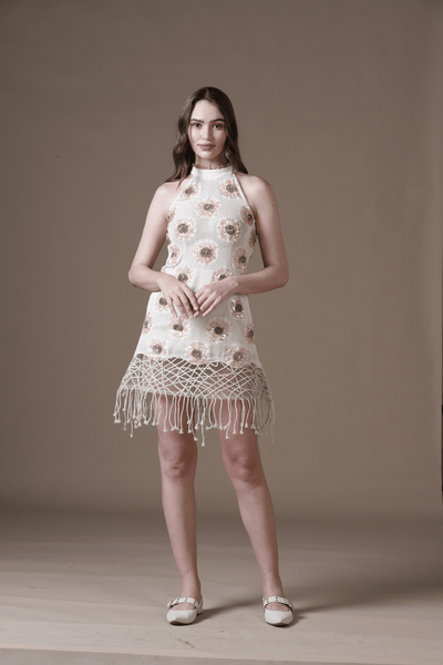 Cotton Woven Lace Mini Dress with All-Over Handwork and Dori Jaal Hem