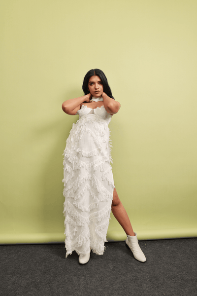 Handloom Cotton Woven Fringe Maxi Dress with Leaf Lace Bralette