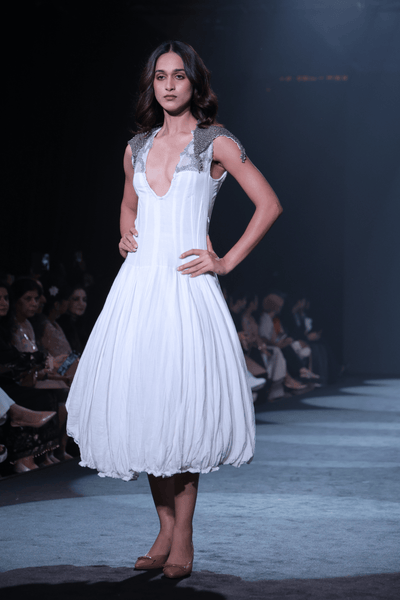 Hand-Embroidered Cotton Crepe Maxi Dress with Silver Fine Beadwork