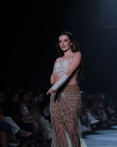 Lattice Cotton Jaali Bra Top &amp; Tulle Cord Appliqué Maxi Skirt Set