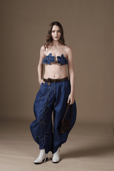Artisanal Denim Balloon Pants, Bralette & Cutwork Waistcoat Set