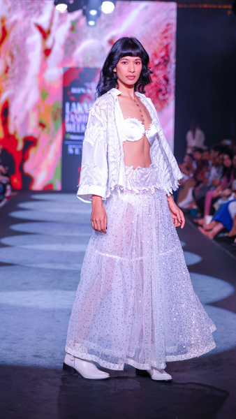 Sequin Embroidered Maxi Skirt, Satin Bra & Seersucker Cutwork Jacket Set