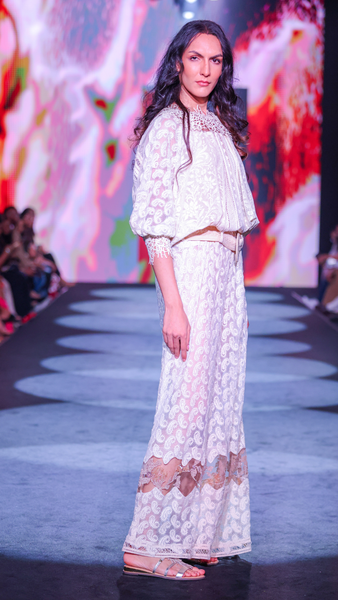 Lace Net Maxi Dress with Cotton Thread Embroidery