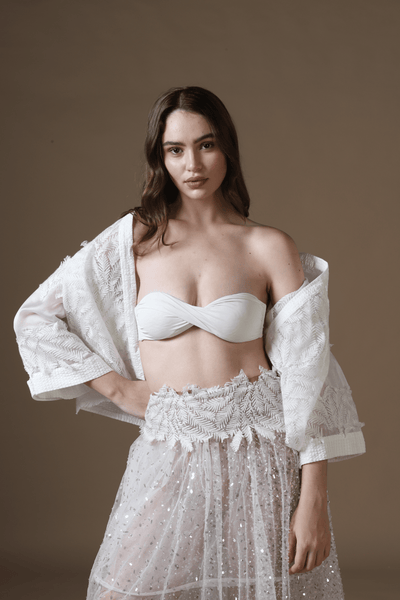 Sequin Embroidered Maxi Skirt, Satin Bra & Seersucker Cutwork Jacket Set