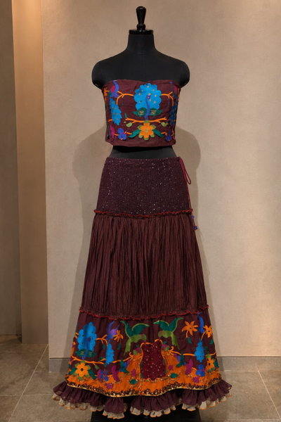 Maroon Paithani Bird Bustier & Crinkled Skirt Set