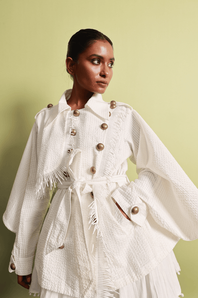 Seersucker Double-Breasted Jacket & Pompom Edge Mini Skirt Set