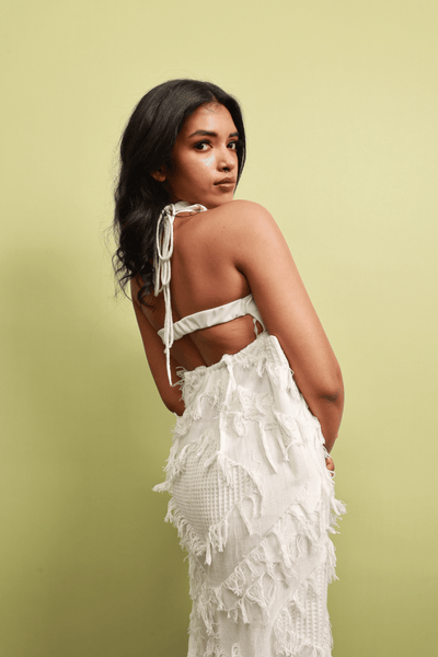 Handloom Cotton Woven Fringe Maxi Dress with Leaf Lace Bralette