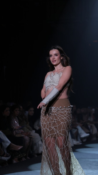 Lattice Cotton Jaali Bra Top &amp; Tulle Cord Appliqué Maxi Skirt Set