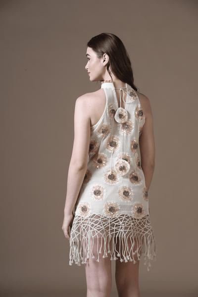 Cotton Woven Lace Mini Dress with All-Over Handwork and Dori Jaal Hem