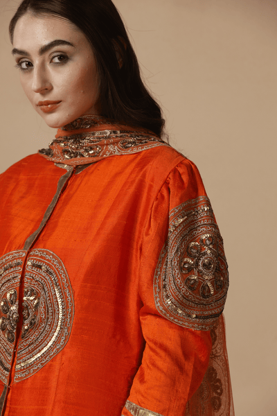 Sunset Orange Raw Silk Sharara Set