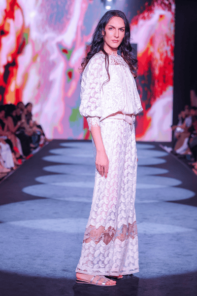 Lace Net Maxi Dress with Cotton Thread Embroidery